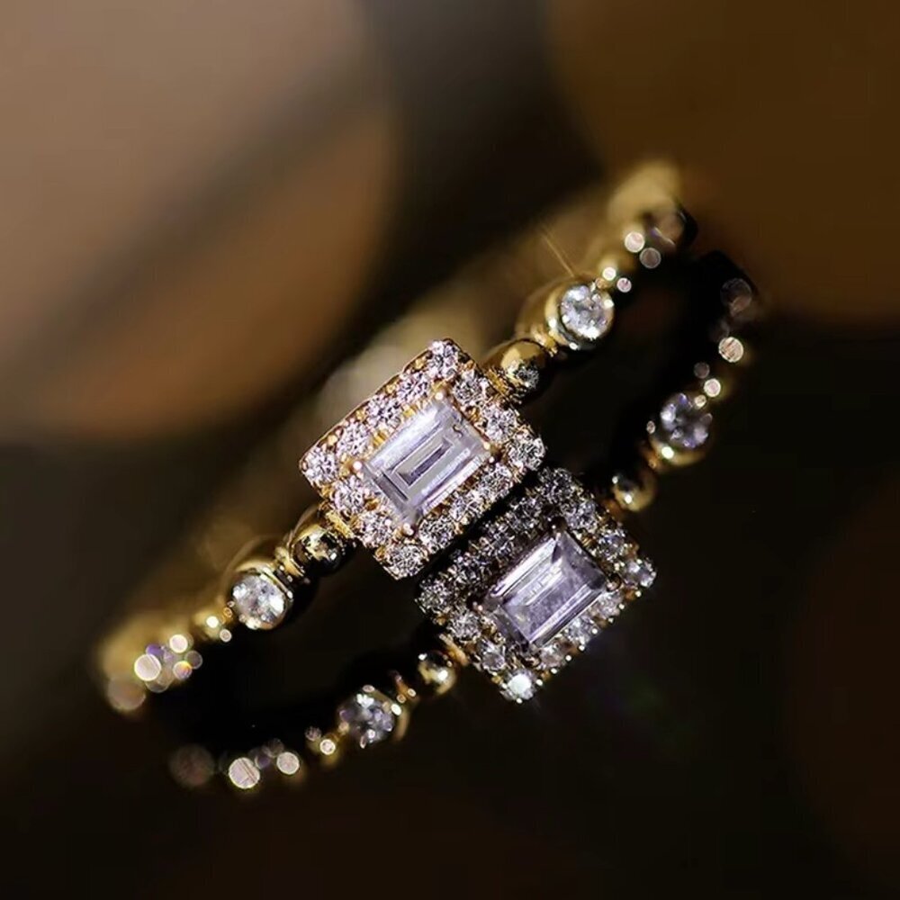 NEW 14k Gold Diamond Ring Rectangle Emerald Cut Dainty Ring Band